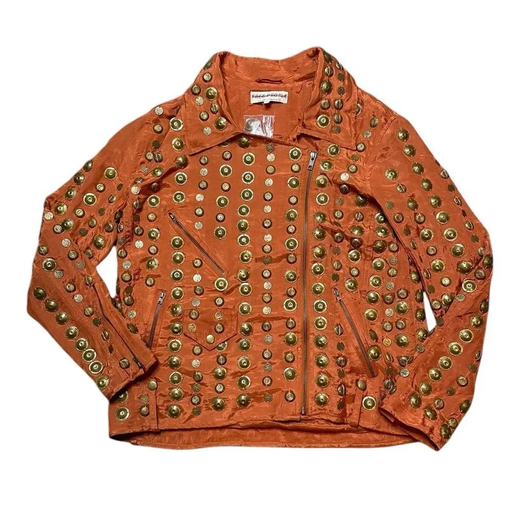 NWOT FREE PEOPLE Chelsea Coin Moto Jacket Orange/Gold Size XS